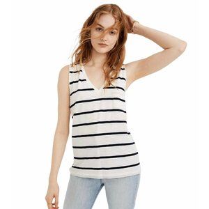 Madewell Cotton‎ V-Neck Pocket Tank Top Creston Stripe Sz S G6508 Navy White